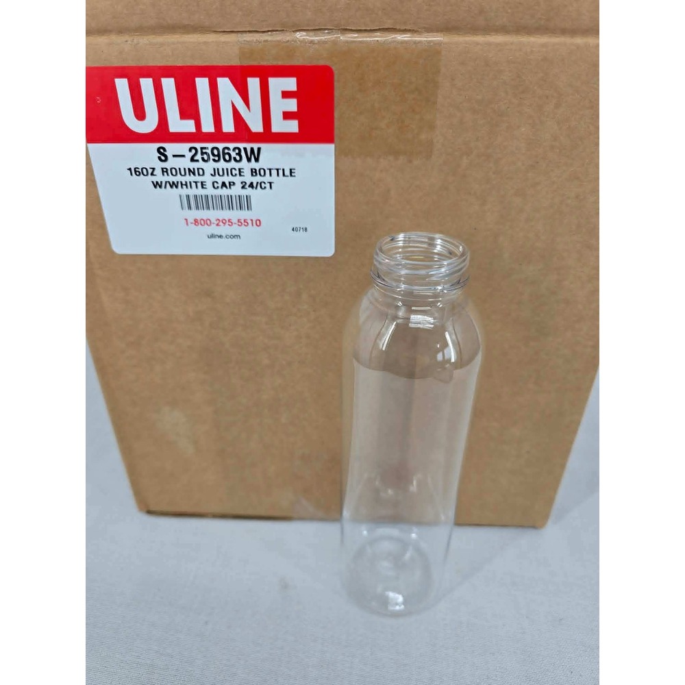 Uline‎ S-25963W 16oz Round Juice Bottles with White Caps 24 Count Clear Plastic
